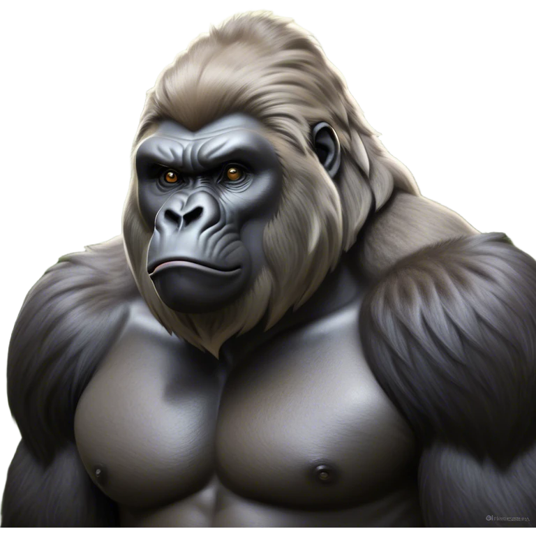 Cinematic Noble Silverback Gorilla Portrait Emoji, Poised and majestic, with a powerful, muscular frame accentuated by a distinguished silver mane and piercing, wise eyes, Simplified yet sharp and sophisticated features, highly detailed, glowing with a soft, regal jungle glow, high shine, intelligent and commanding, stylized with an air of imperial strength, focused and resolute, soft glowing outline, capturing the essence of a watchful guardian that feels as though it could step out of the screen with effortless authority! emoji