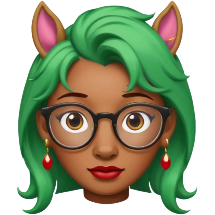 unicorn with green hair and big red earrings looking into camera and spectacle emoji