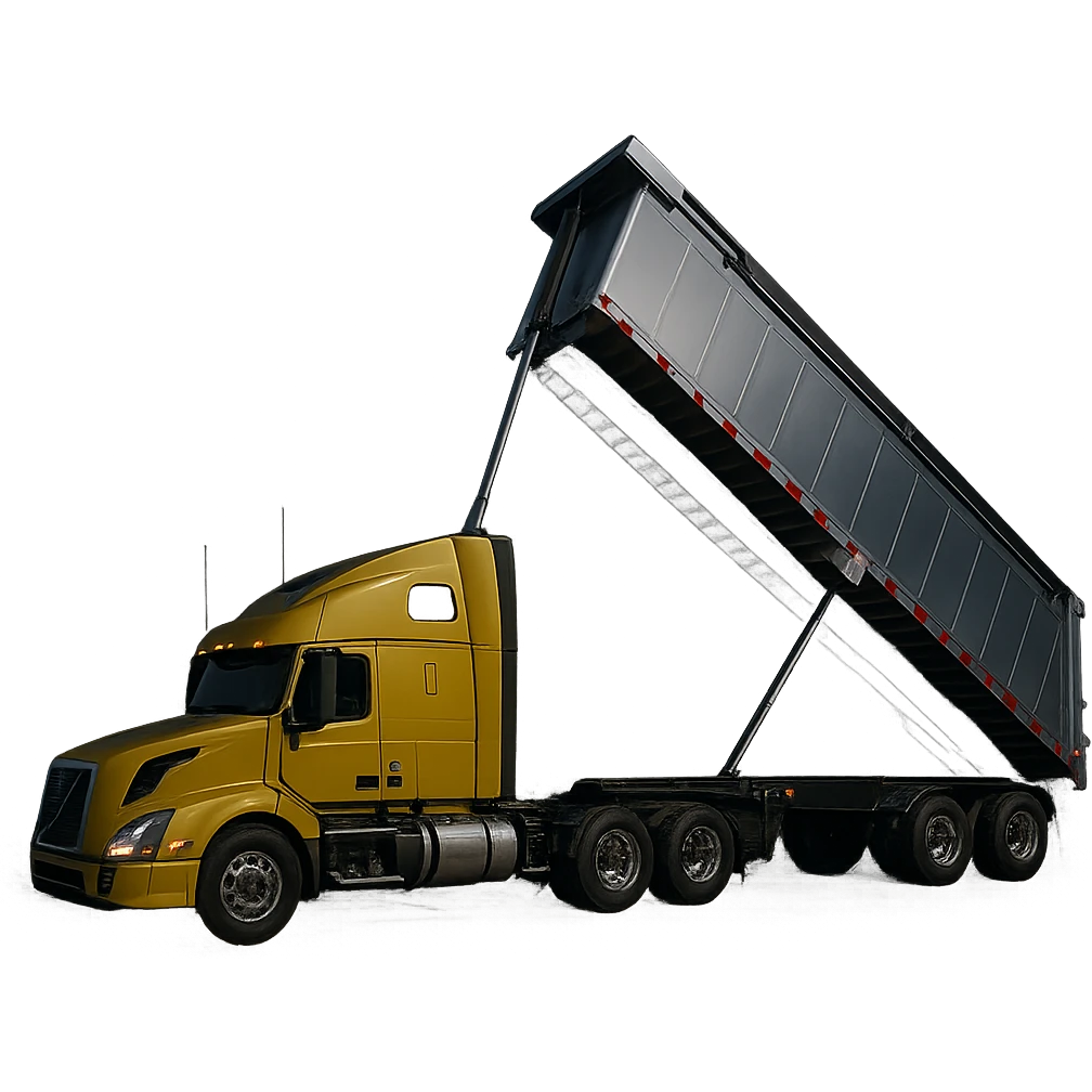 photorealistic Volvo yellow semi sleeper truck with a long silver end dump trailer, trailer raised in dumping position, side view, night setting, sharp details, no background emoji
