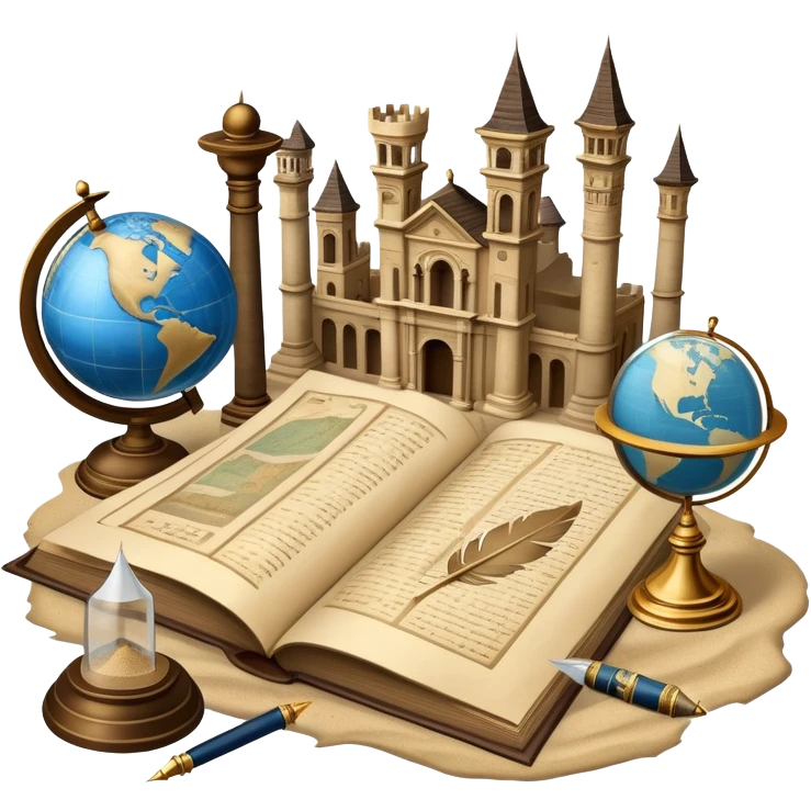 An icon featuring ancient scrolls, a quill pen, and large, old-fashioned sand clocks, symbolizing the study of history. The design includes a globe and a timeline with significant historical events, set against ruins to evoke past civilizations. Transparent background highlights the passage of time. emoji