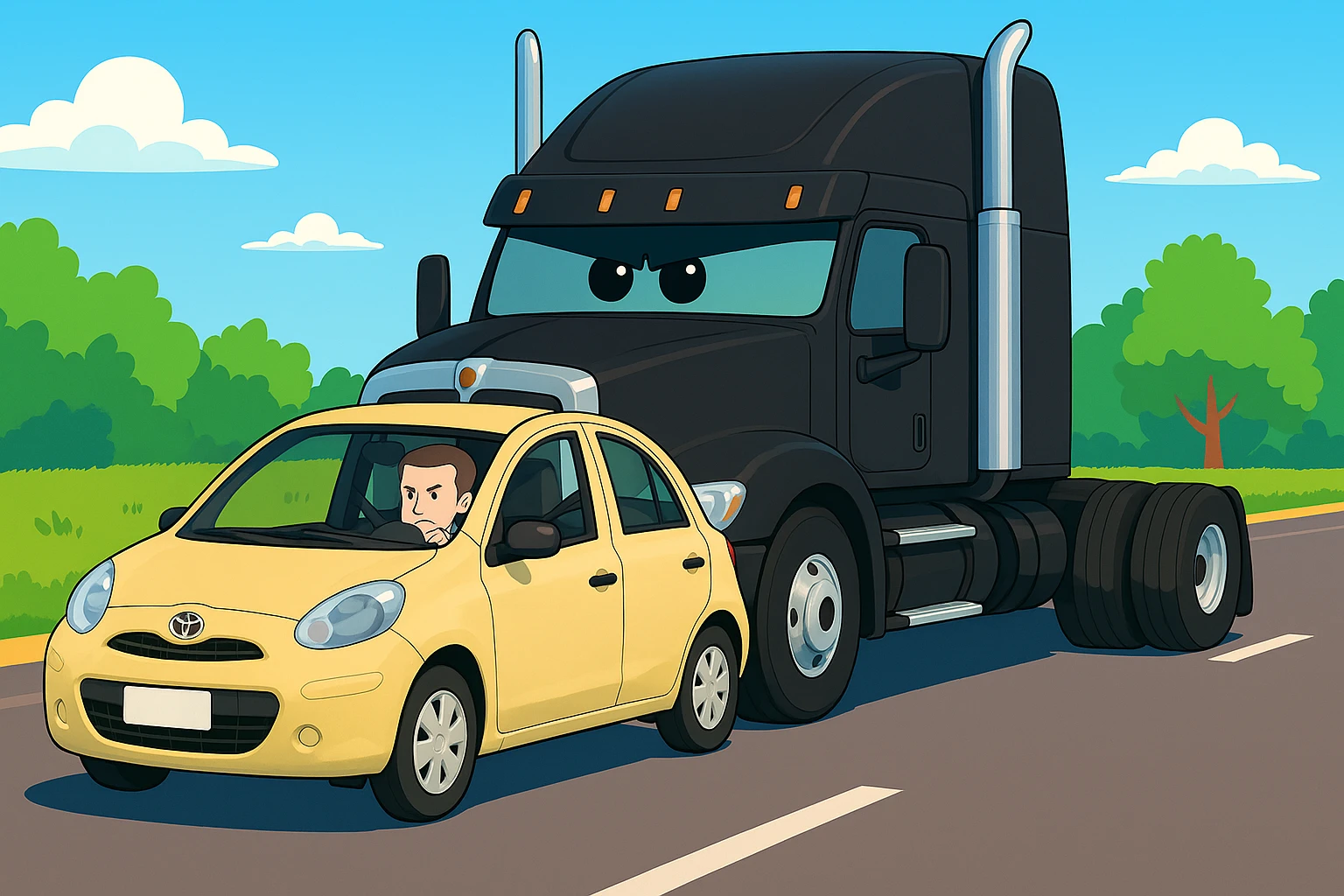 Remove the word 'move' from the car. Keep the scene bright and vibrant, featuring a black semi truck without a trailer and a person inside the car. Maintain the overall vibrant and bright atmosphere. emoji