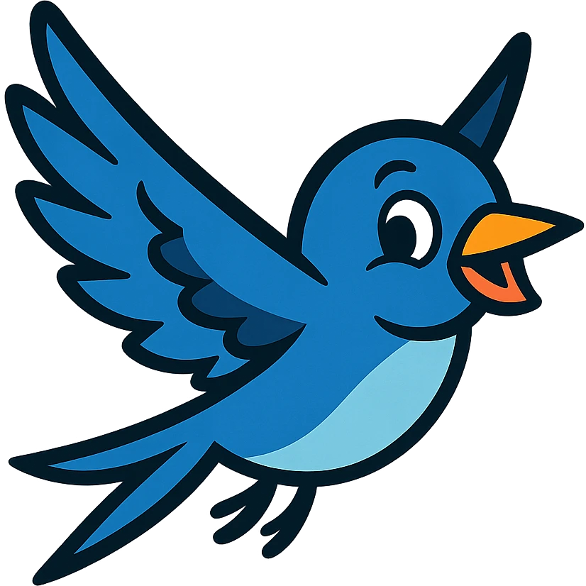 cartoonish swift bird with blue feathers, cheerful expression, white background emoji