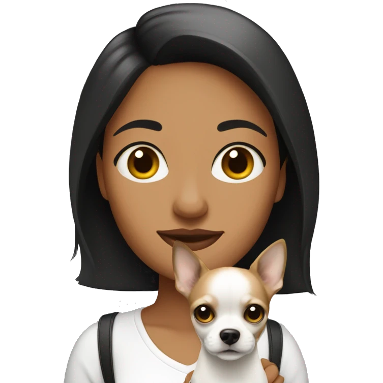 mujer con pelo negro y su Chihuahua blanco con manchas cafe emoji