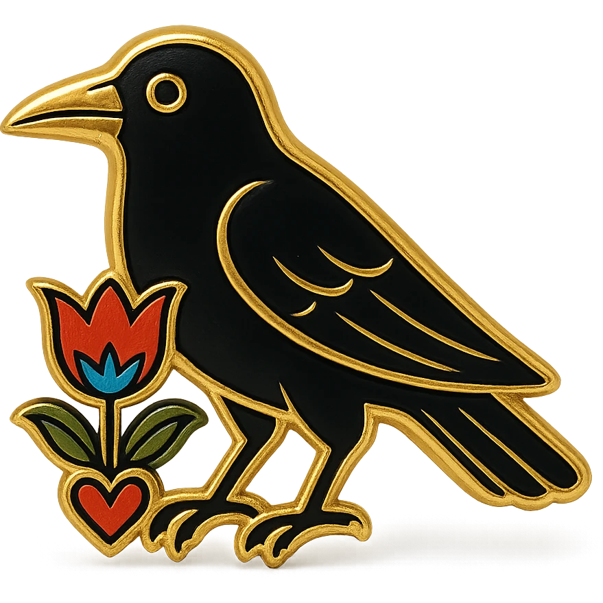 black crow in simple Scandinavian folk art style with a gold outline around the crow, holding a bright folk-colored tulip flower motif in its talons, motif outlined in black, motif matches the style and colors of a heart reference, simple, bold, and clear overall design, matching the heart's illustrative style emoji