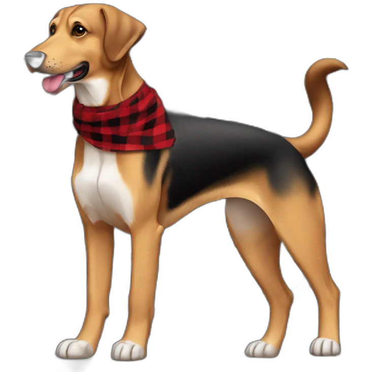 adult 75% Coonhound 25% German Shepherd mix dog with visible tail wearing small pointed red buffalo plaid bandana full body walking left quickly emoji