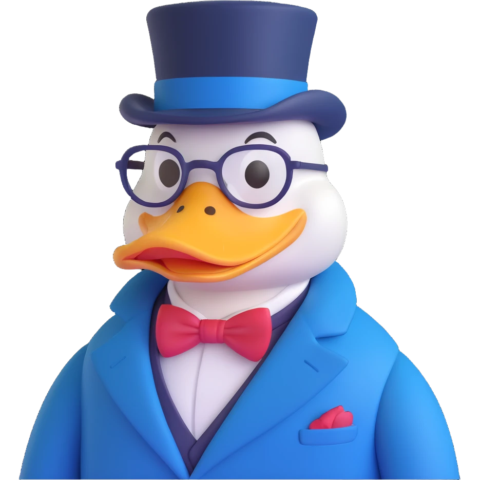 Dagobert Duck (Scrooge McDuck) emoji, with top hat, pince-nez glasses, blue coat, mischievous wealthy expression emoji
