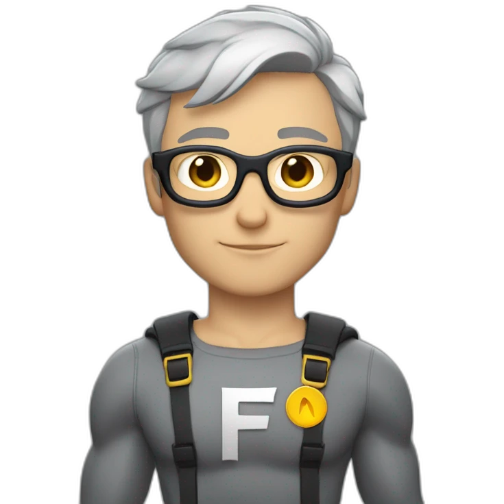 Caucasian Superhero upper body grey short hair and glasses with an "F" in the chest emoji