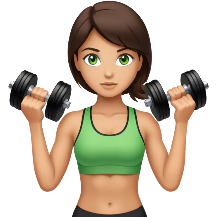 brunette girl with green eyes doing sports with dumbbells emoji