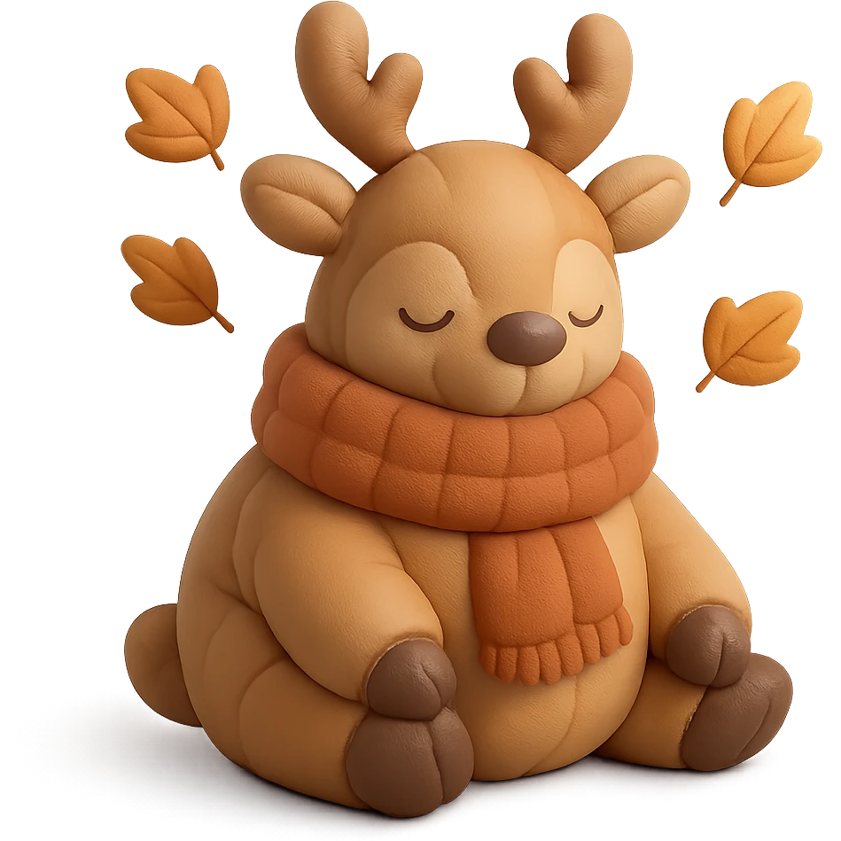 deer in a wooly scarf among falling leaves, cozy fall palette, cushion style emoji