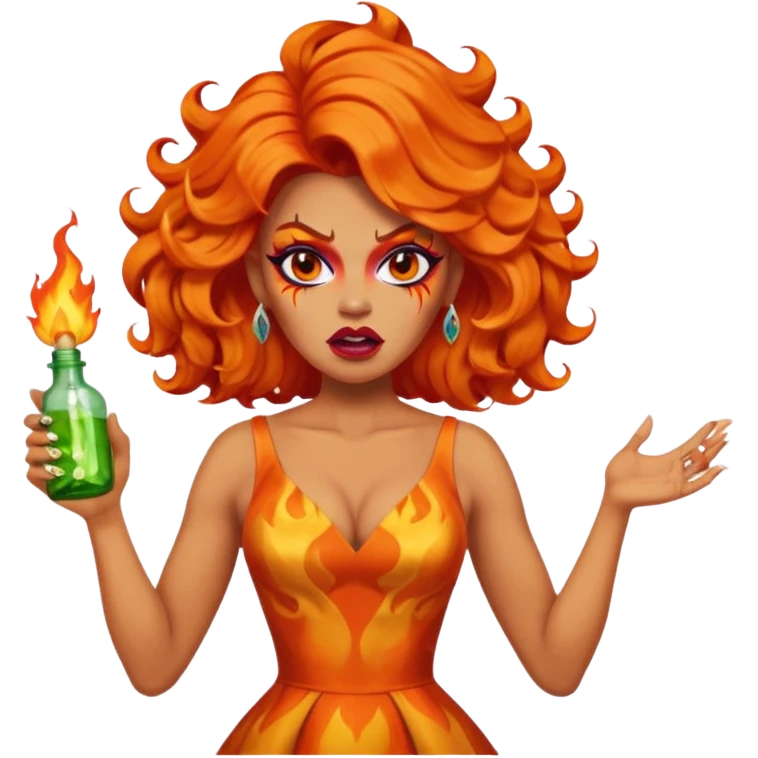 A fierce drag queen emoji with bright orange wavy hair styled with a bottle on top, dramatic makeup, expressive angry face, and an orange flame-themed dress. emoji