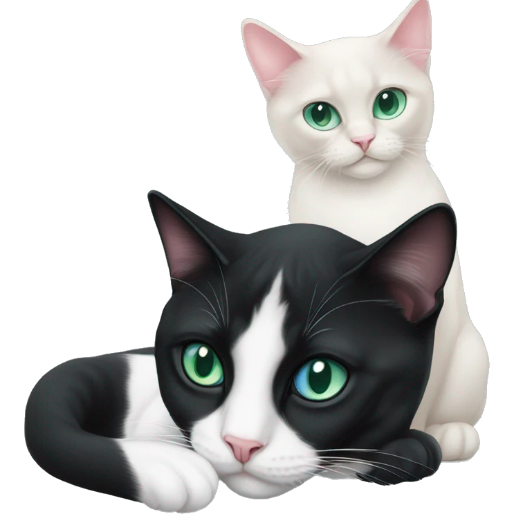 tuxedo cat with green eyes and pink nose laying down with siamese cat with blue eyes emoji