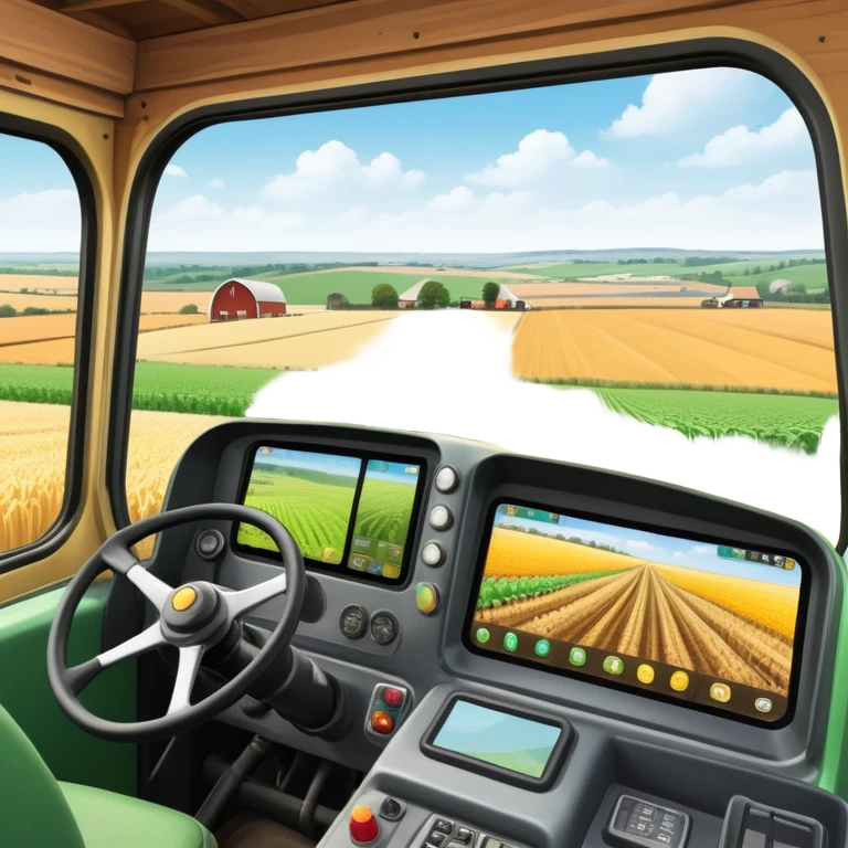 a view from the tractor cabin, with the dashboard in focus, overlooking a vibrant rural landscape. Inspired by Farming Simulator 22, the scene includes fields, crops, and distant barns under a bright sky. The design highlights the immersive experience of farm management. transparent background emoji