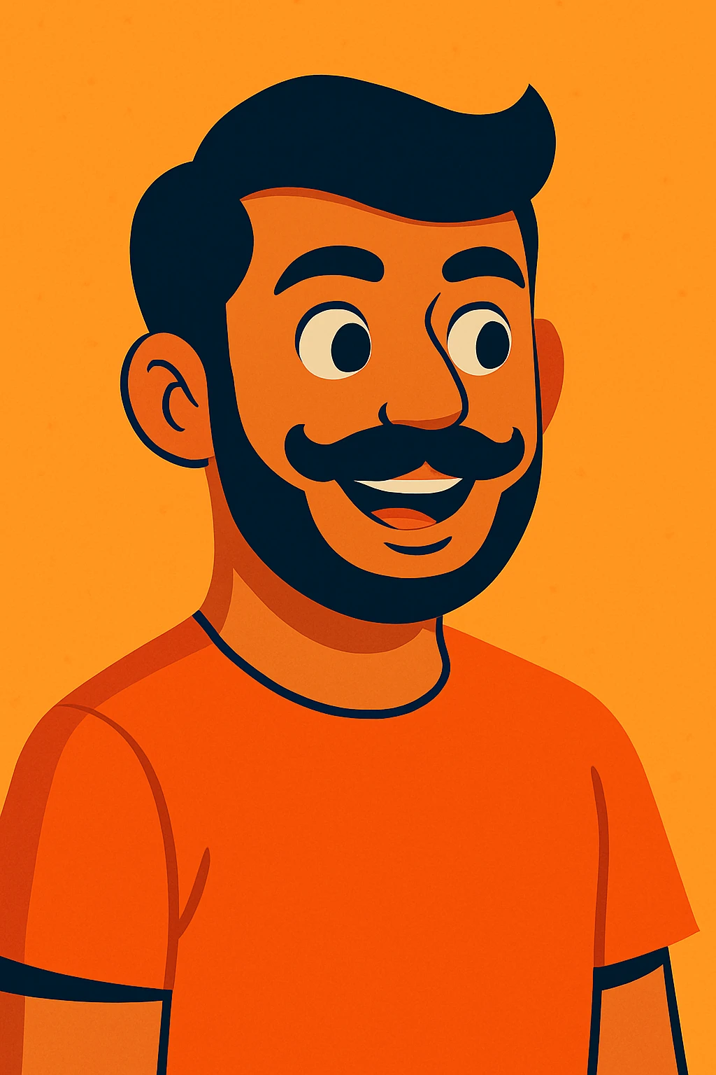 Add a shaped, slight stubble beard to the smiling, curious Indian young man with a moustache, keeping the modern vibrant toon style. emoji