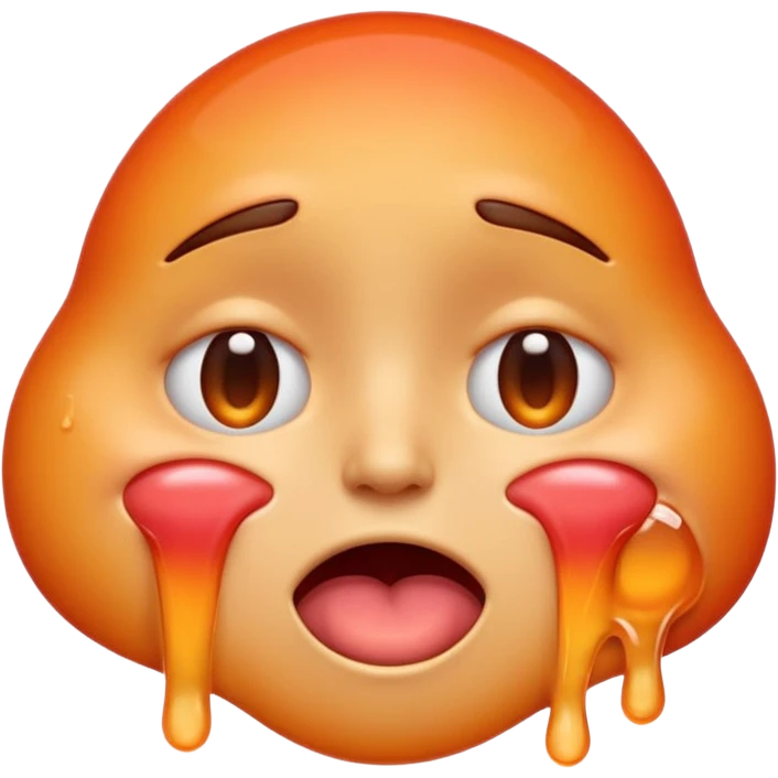 Apple-style emoji illustration of a melted, overheated face with sweat drops, half-closed exhausted eyes, tongue slightly out, warm orange and red tones, soft 3D emoji style, smooth gradients, rounded shapes, simple expression, centered composition, transparent background, no text. emoji