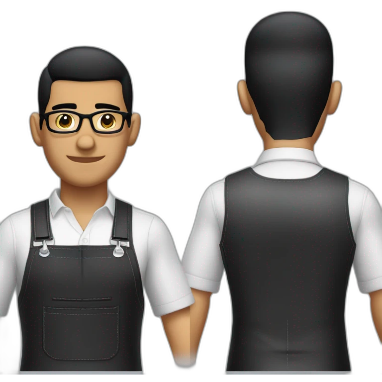 Barber guatemalan with fade buzz cut black hair, glasses, leather apron and large nose emoji