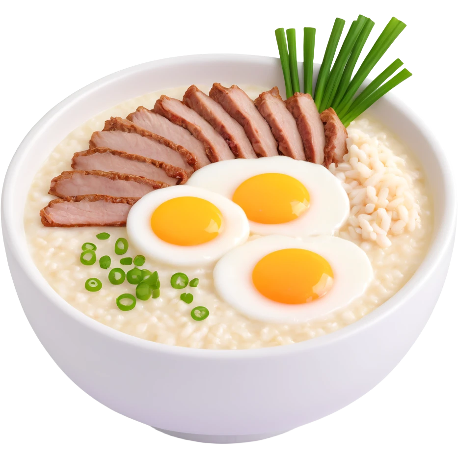bowl of Asian rice porridge (congee) with steam, simple round bowl, topped with halved soft-boiled egg, minced pork, chopped green onions, cilantro, crispy fried garlic, smooth colorful clean minimal cute emoji
