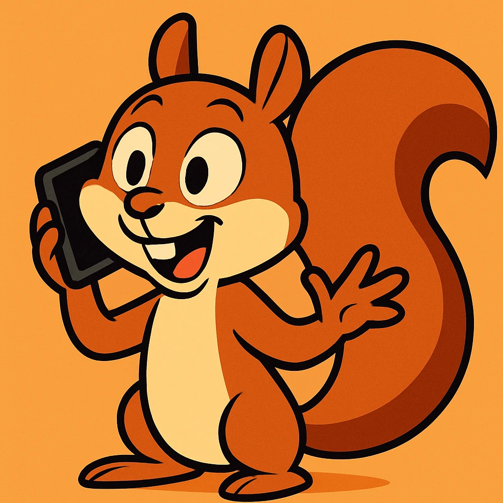 a cartoon squirrel with a smartphone, mid-conversation, cheerful expression, vibrant toon style, modern cartoon illustration emoji