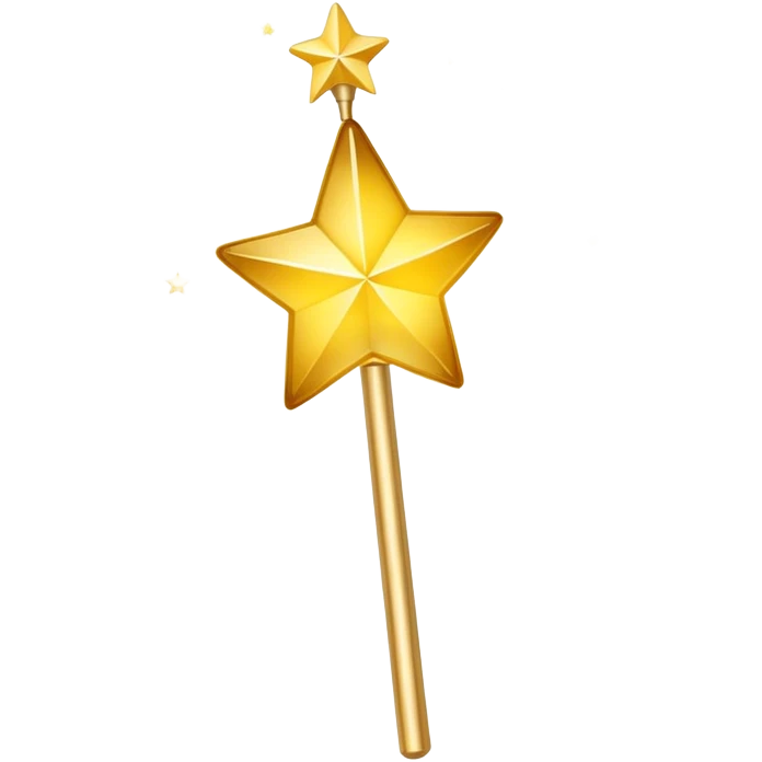 Magic wand with gradient yellow stars, golden handle with star tip, magical sparkles flying out, similar to Apple emoji style emoji