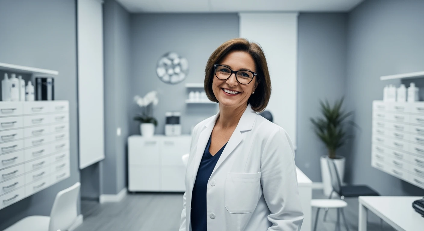 Cinematic still of a smiling european white woman with glasses smiling, minimalistic ophthalmologist interior in background, leading  lines, "rule of thirds" emoji