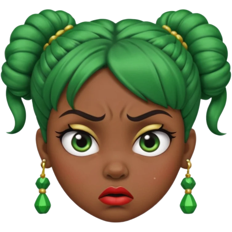 Create a 3D cartoon-style girl character with dark skin, round face, angry expression, big wide eyes, and tightly styled double buns made of green beaded hair. The girl should look irritated, eyebrows sharply angled, and lips pressed in a frown. emoji