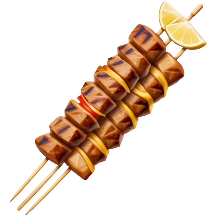 Cinematic Realistic Souvlaki Dish Emoji, showcasing skewered, grilled meat with Mediterranean spices rendered with dynamic textures and warm, appetizing lighting. emoji