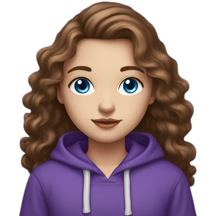 girl with blue eyes and white skin and long curly brown hair with high aristocratic cheekbones in a purple hoodie emoji