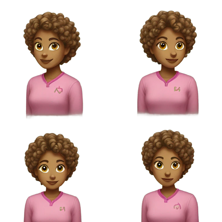 Light brown girl with curly hair wearing a pink shirt with green “AKA” letters emoji