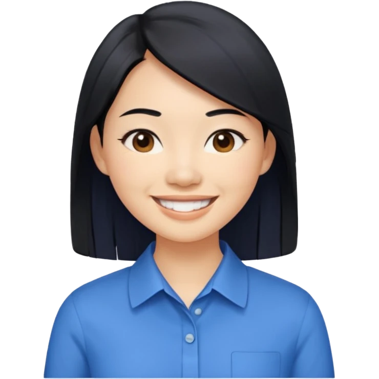 30 yr asian woman light skin medium length straight black hair big smile blue collared shirt emoji