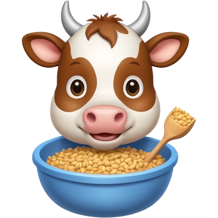 cute cow eating animal feed, hay and grains in a feeding bowl, 3D cartoon, mobile game icon style, clean background, no text, no watermark
 emoji