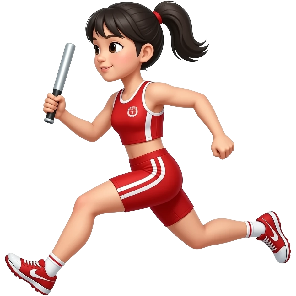 An Asian girl wearing a red track and field uniform with a baton in her left hand and is running  fast with a ponytail emoji