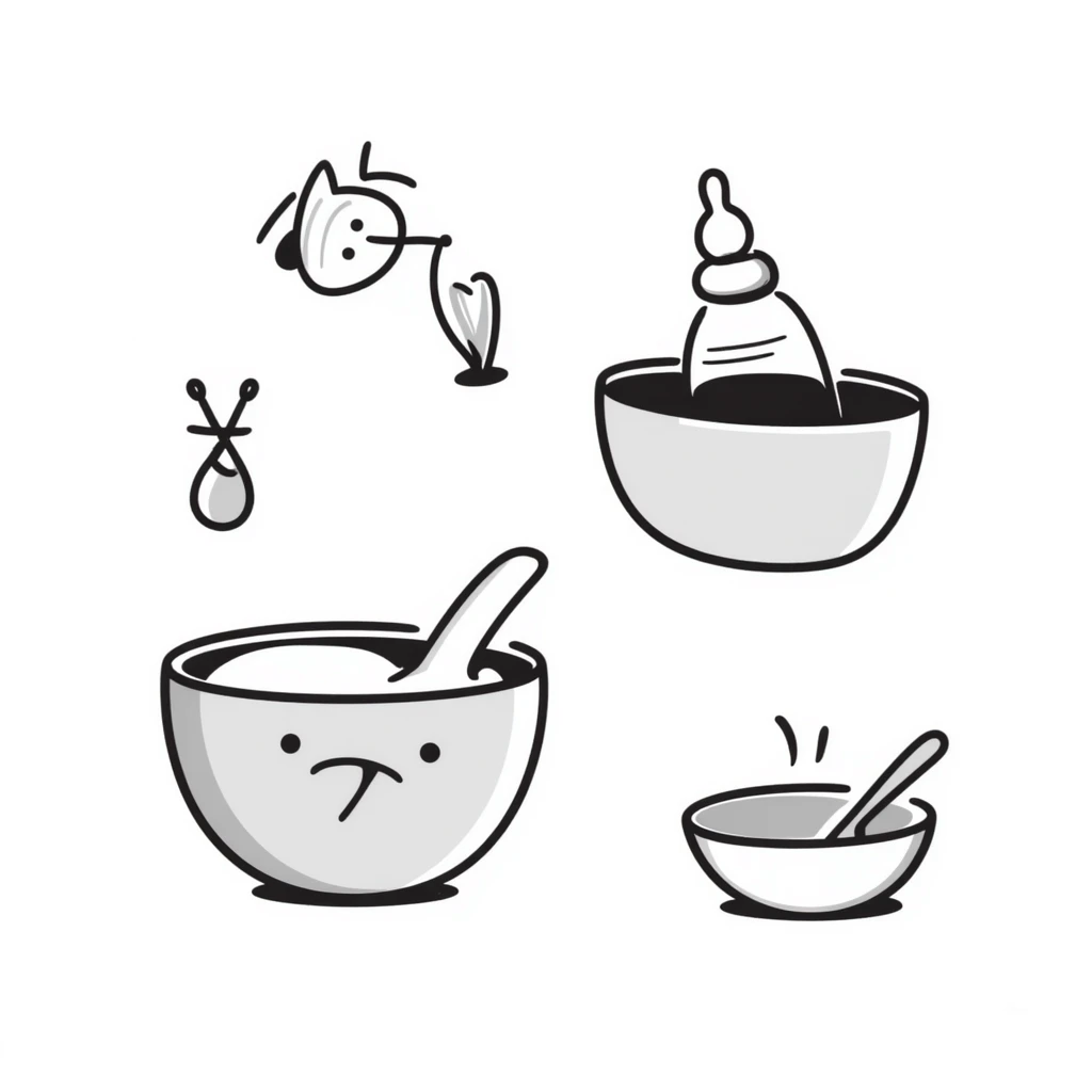 a baby feeding set including a baby bottle, pacifier, bowl with spoon, and bib, in pastel colors dd9fb0, ffc6d3, a3bfc9, c4bee2, f1b091, detailed hand-drawn doodle style emoji