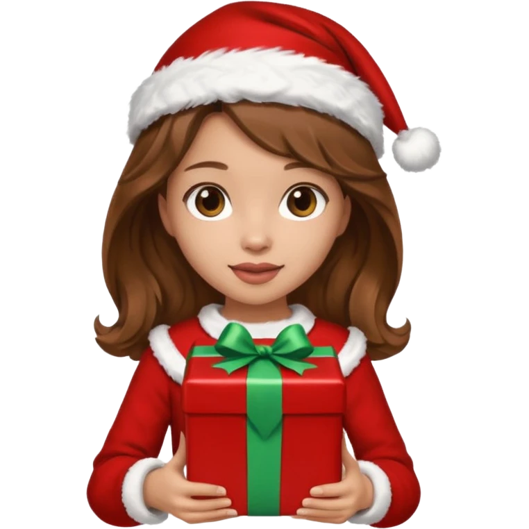 a girl with wavy brown hair wearing a christmas clothes and holding a gift emoji