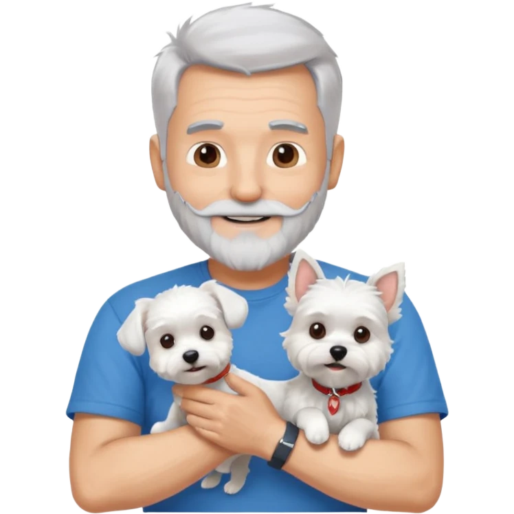 handsome gentleman, 60 years old, spiky crew cut silver hair, full beard, wearing a blue t-shirt, smiling and holding a maltese dog emoji
