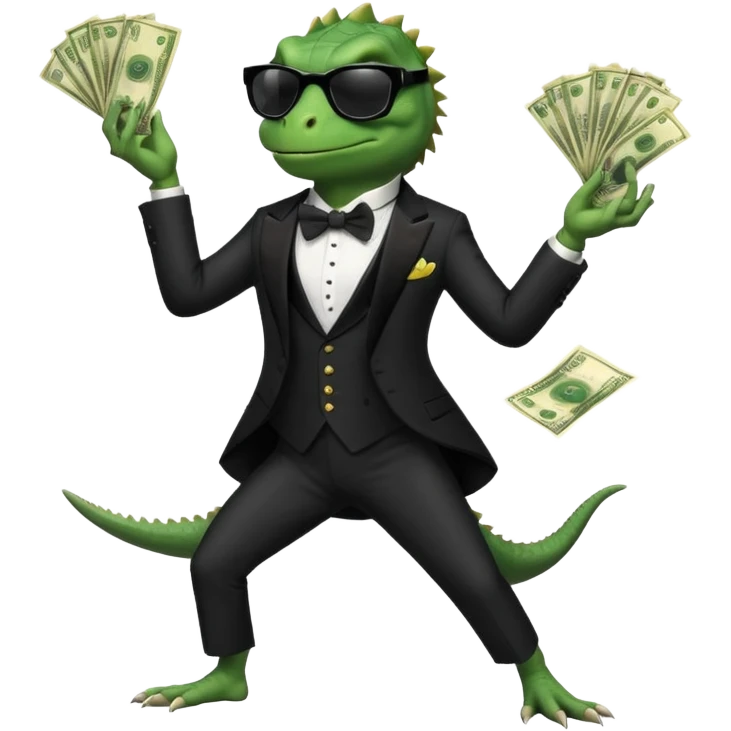 capitalist iguana banker in tuxedo and black sunglasses dancing crazy with money emoji