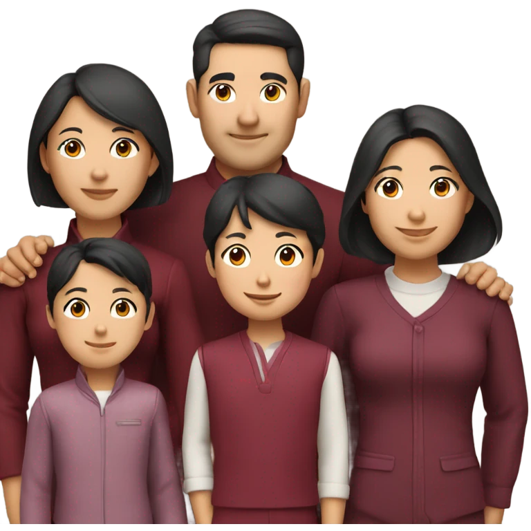 smiling Asian family of 6 with burgundy outfits emoji