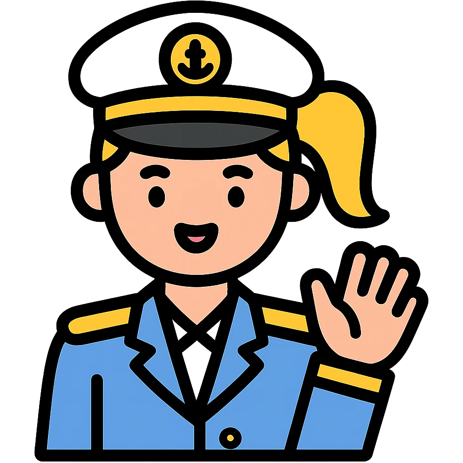 cruise captain girl with dirty blonde ponytail, waving at the camera emoji