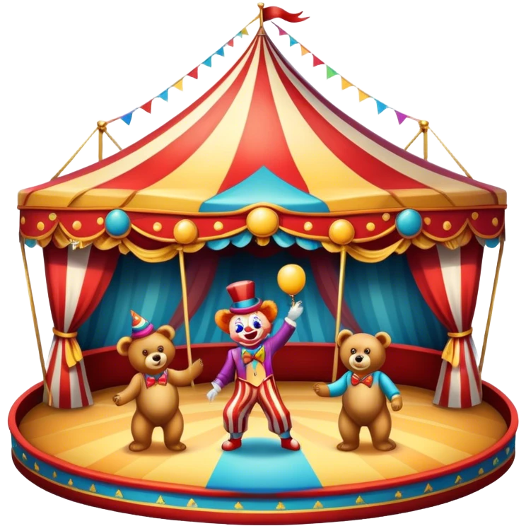Icon for Circus Arts: a grand vibrant circus arena with acrobats, a clown, and performing bears. The icon should capture the excitement and energy of the circus, with colorful costumes and a lively atmosphere. Transparent background. emoji