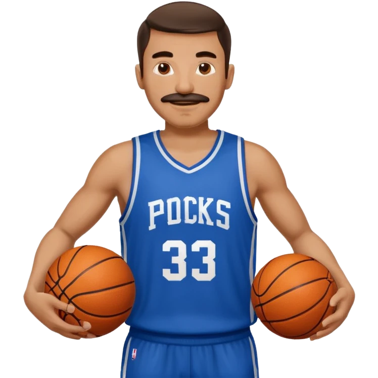 bold man basketball player blue jersey with mustache holding basket ball emoji