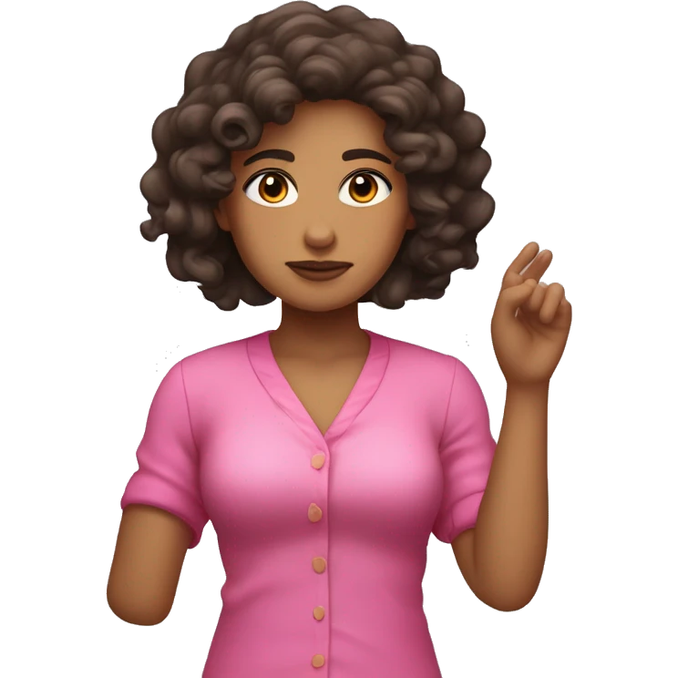 	Light-skinned, wavy-to-curly dark brown hair, pink outfit, serious face, hand raised in “stop” gesture, bow in hair. emoji