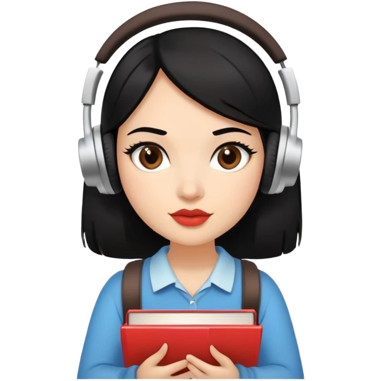 black haired girlie witha wheatish to fair skin tone and dark brown eyes plump lips carrying a stack of books with coffee and headphones on emoji