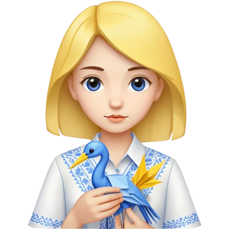 A Ukrainian young girl wearing a white embroidered shirt holds an origami yellow-blue crane emoji