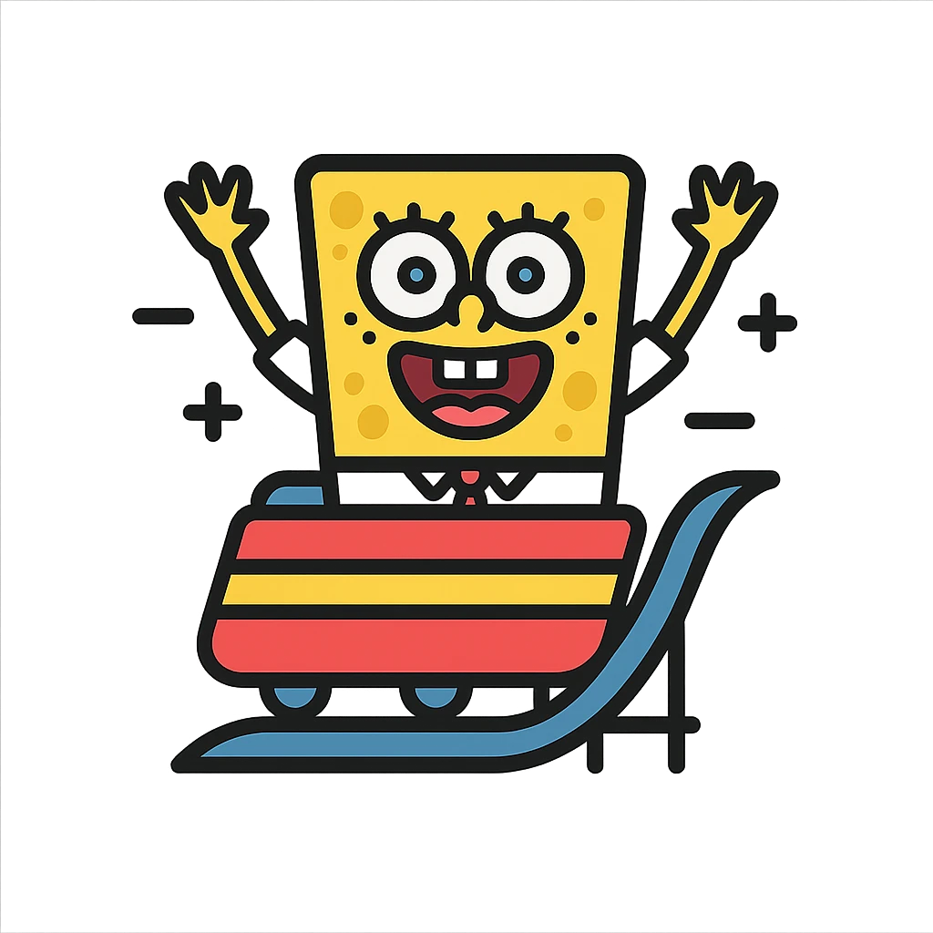 Bob l'éponge dans un montagnes russes, icône colorée, style moderne, détails simplifiés emoji