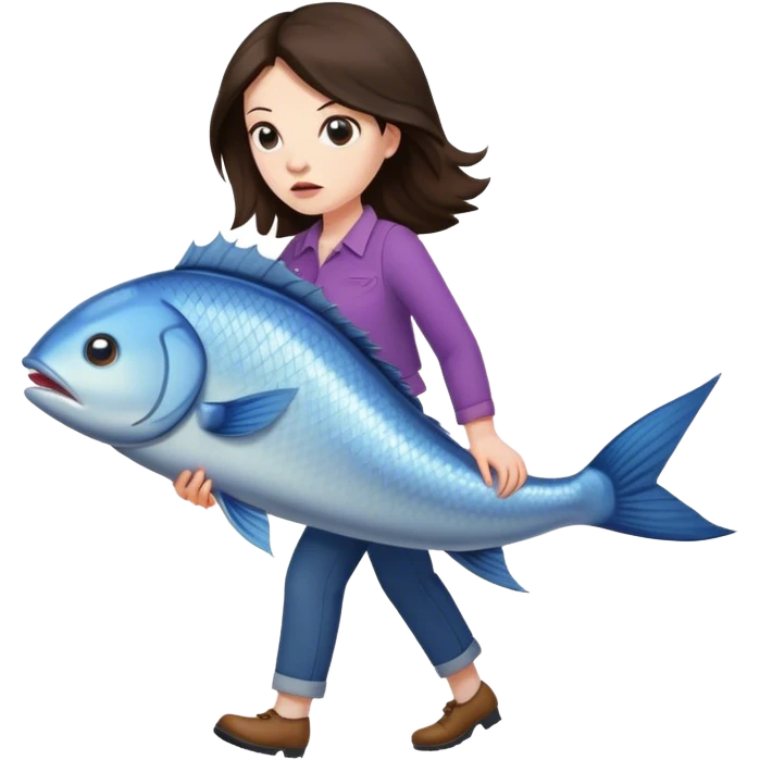 Annoyed Brunette Woman walking with huge fish emoji