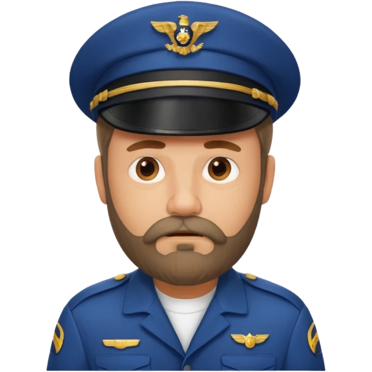 Middle-age, beard, wearing pilot uniform include hat, irritate attitude emoji