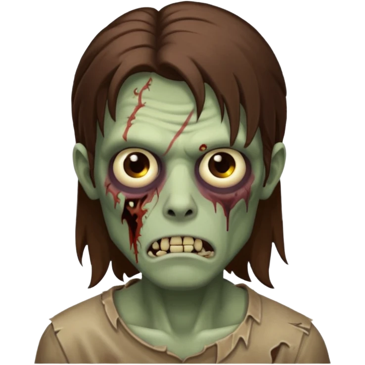 Zombie guy with scars and long brosn hair, small eyes emoji