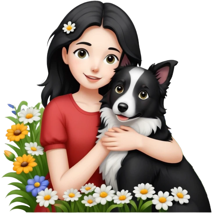 A girl happily hugs a black and white border collie in the flowers emoji