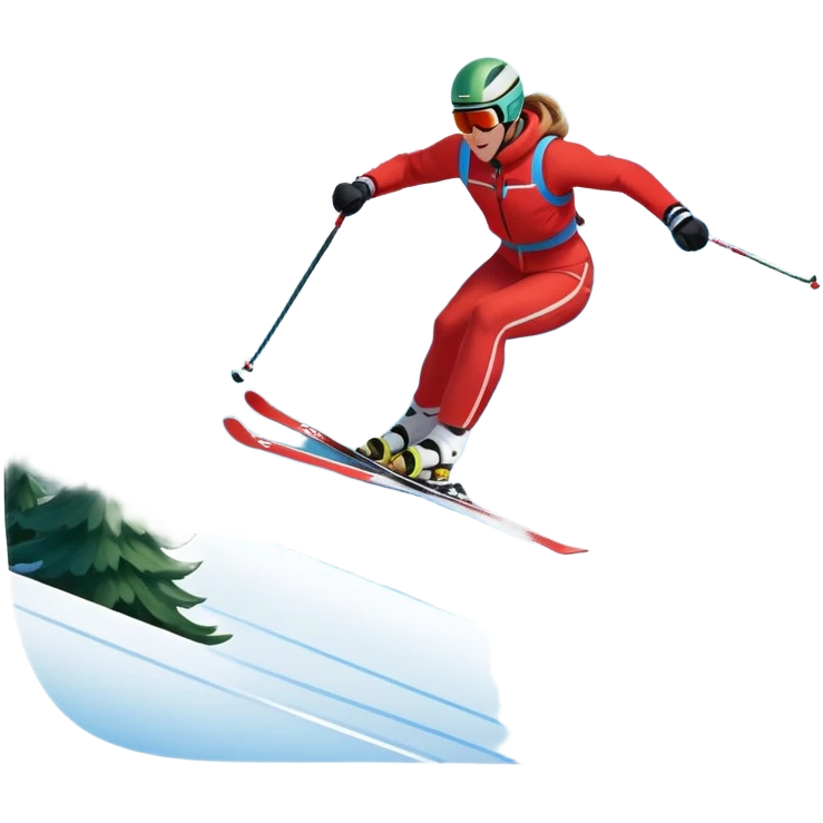 An icon featuring snowy peaks, pine trees, and a picturesque mountain landscape with a skier racing down a snow-covered slope, The sky is blue with soft clouds, capturing the thrill and beauty of alpine skiing. Transparent background highlights the excitement and serenity of winter sports. emoji