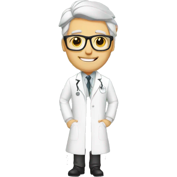White pharmacist with gray hair in lab coat in gym with alters emoji