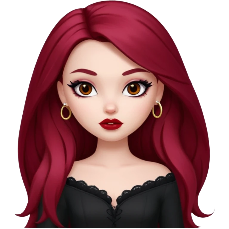 pale skin, girly bratz baddie, beautiful dark brown eyes, sharp black eyeliner, long dark red hair emoji