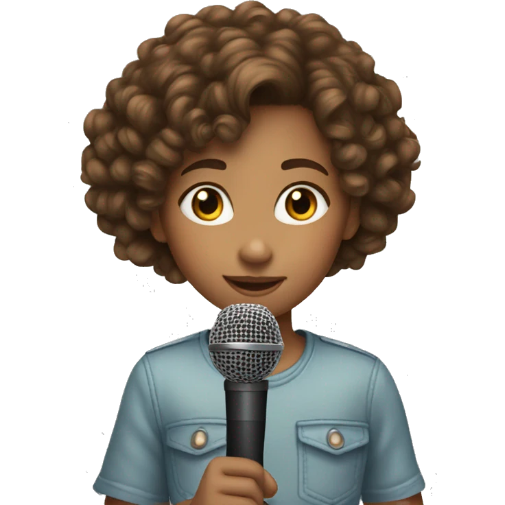 10 year old girl, brown curly hair, microphone,  emoji